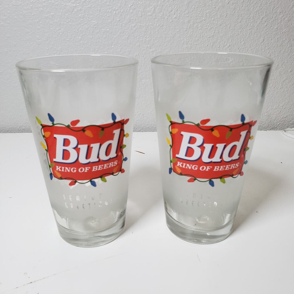 Bud King Of Beers Pint Glasses‎ Set Of 2 Christmas Lights Holiday Bar Drink Cup